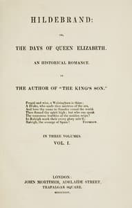 Cover of Hildebrand; or, The Days of Queen Elizabeth, An Historic Romance, Vol. 1 of 3