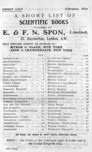 Cover of A Short List of Scientific Books Published by E. & F. N. Spon, Limited. February 1914