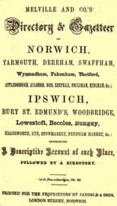 Cover of Melville and Co.'s Directory and Gazetteer of Norwich, Yarmouth, Dereham, Swaffham, Wymondham, Fakenham, Thetford, Attleborough, Aylsham, Diss, Reepham, Foulsham, Hingham, &c.; Ipswich, Bury St. Edmund's, Woodbridge, Lowestoft, Beccles, Bungay, Halesworth, Eye, Stowmarket, Needham Market, &c. [1856]